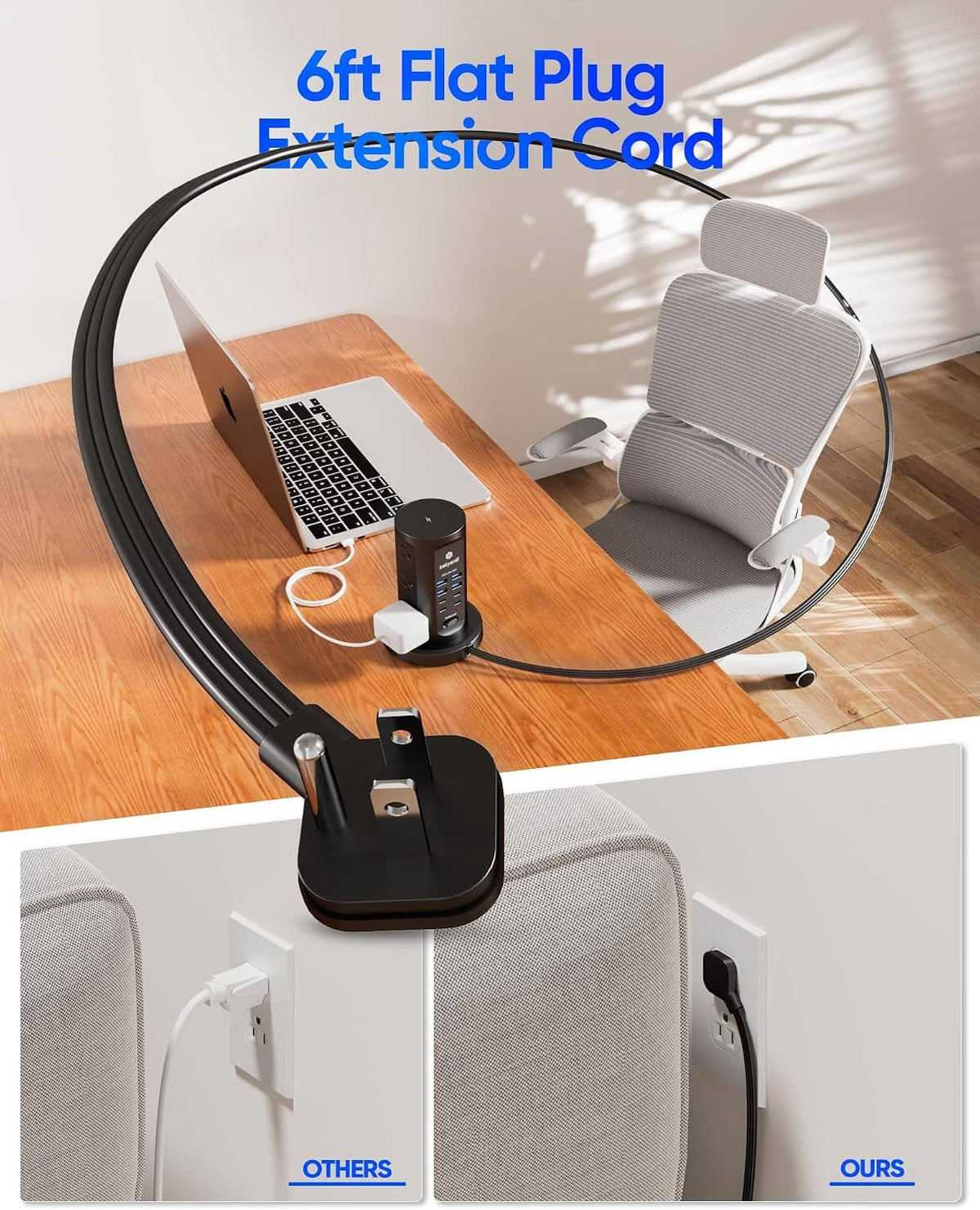 Power strip tower with 6 ft flat extension cord for wall outlet connection