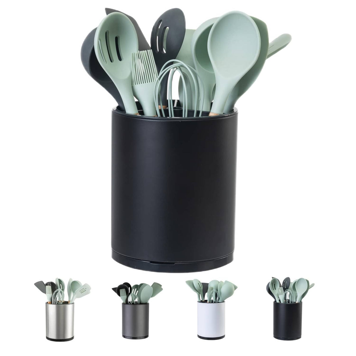 Black rotating kitchen utensil holder with mint silicone tools inside