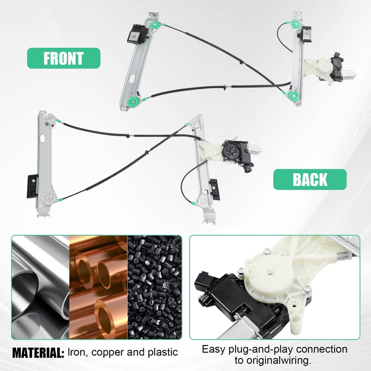 Power window regulator and motor assembly with front and rear window lift rails