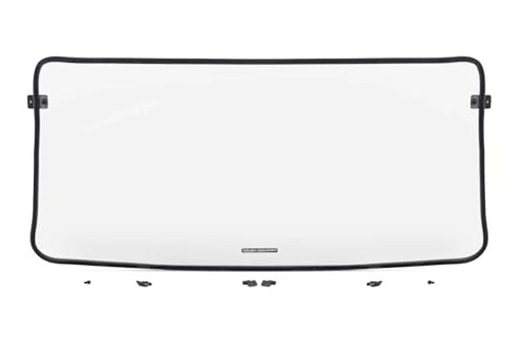 Front windshield panel with clear center and black frame with mounting holes