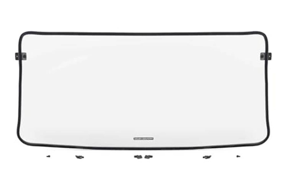 Front windshield panel with clear center and black frame with mounting holes