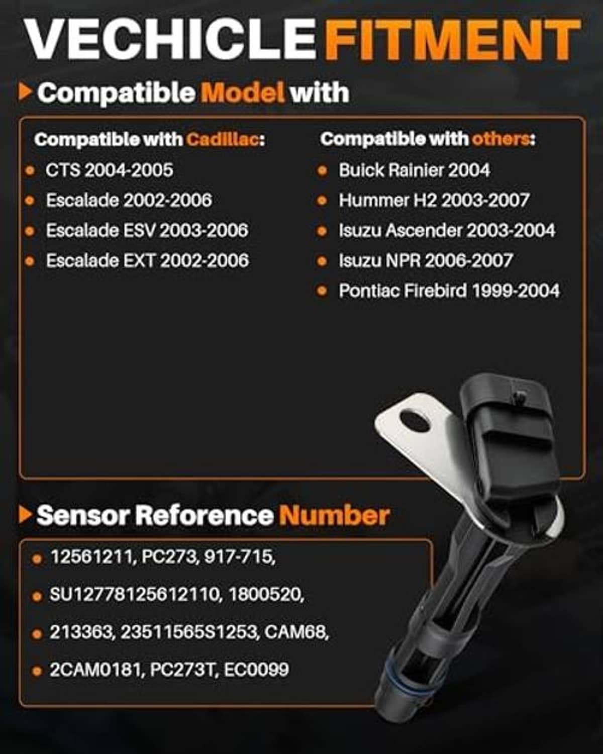 Camshaft position sensor with compatible models and sensor reference number panel