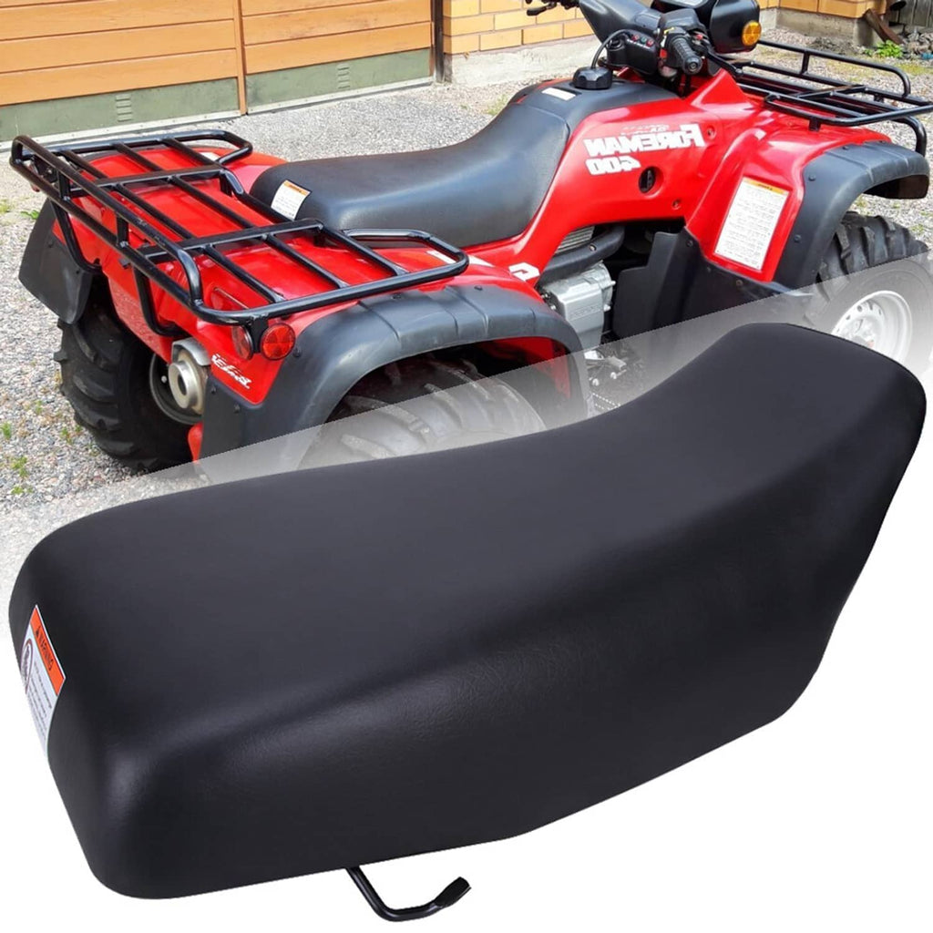 Black ATV seat with molded shape and mounting bracket, replacement for off-road quad.
