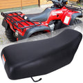 Black ATV seat with molded shape and mounting bracket, replacement for off-road quad.