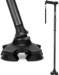 Folding walking cane with wide pivot base and black grip handle, close-up view.