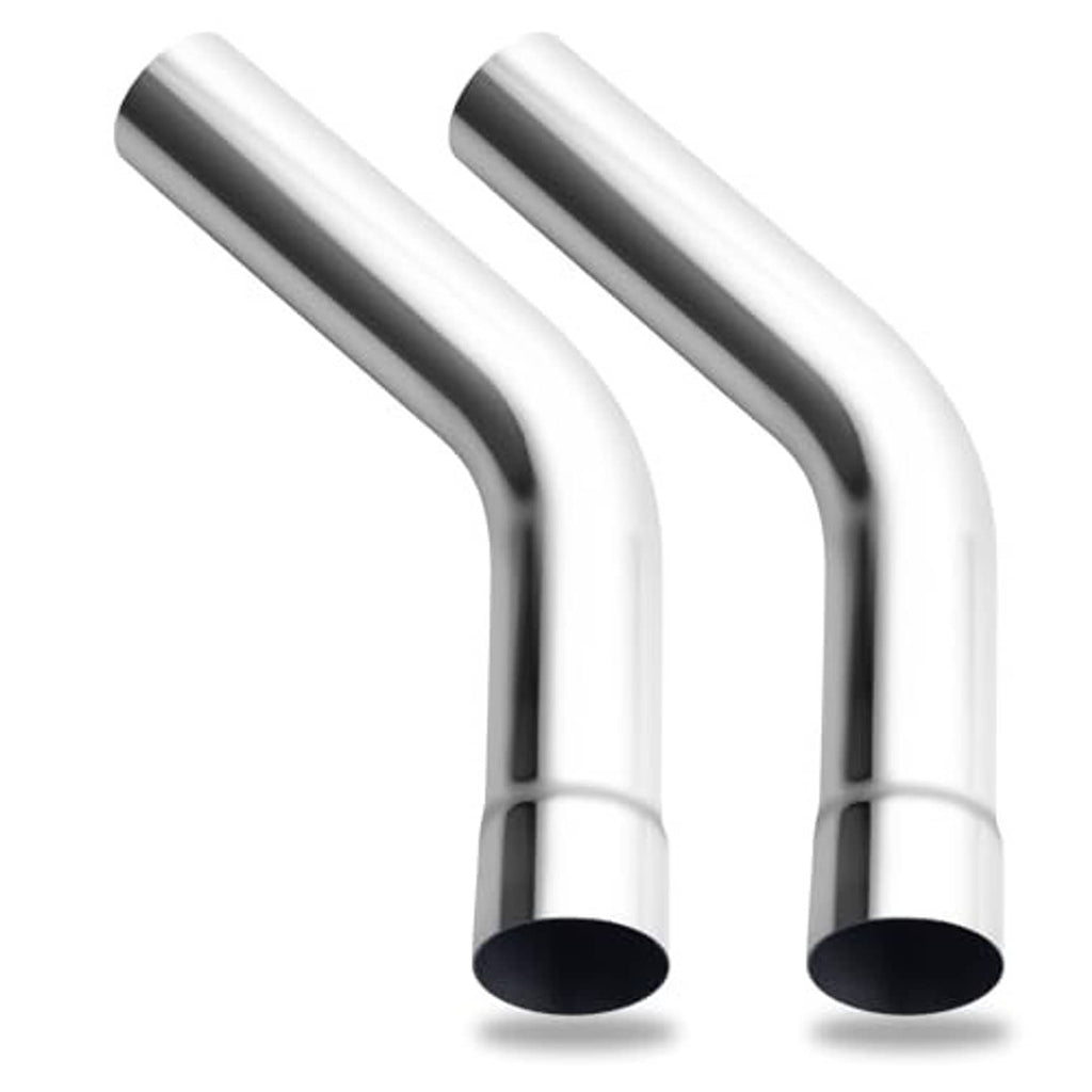 Pair of 2.25 in 45-degree stainless steel exhaust pipes with dark outlet ends