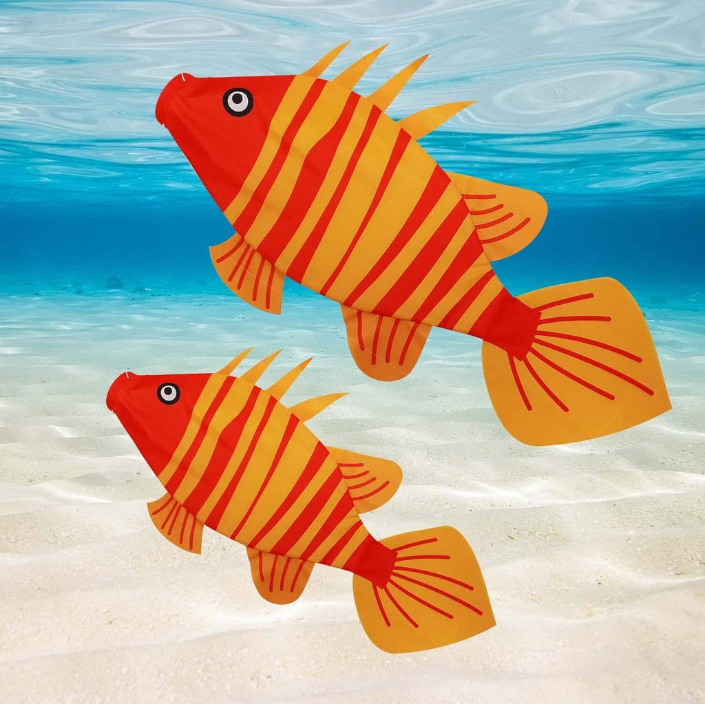 Two red and orange striped fish wind socks with gill fins and outstretched tail