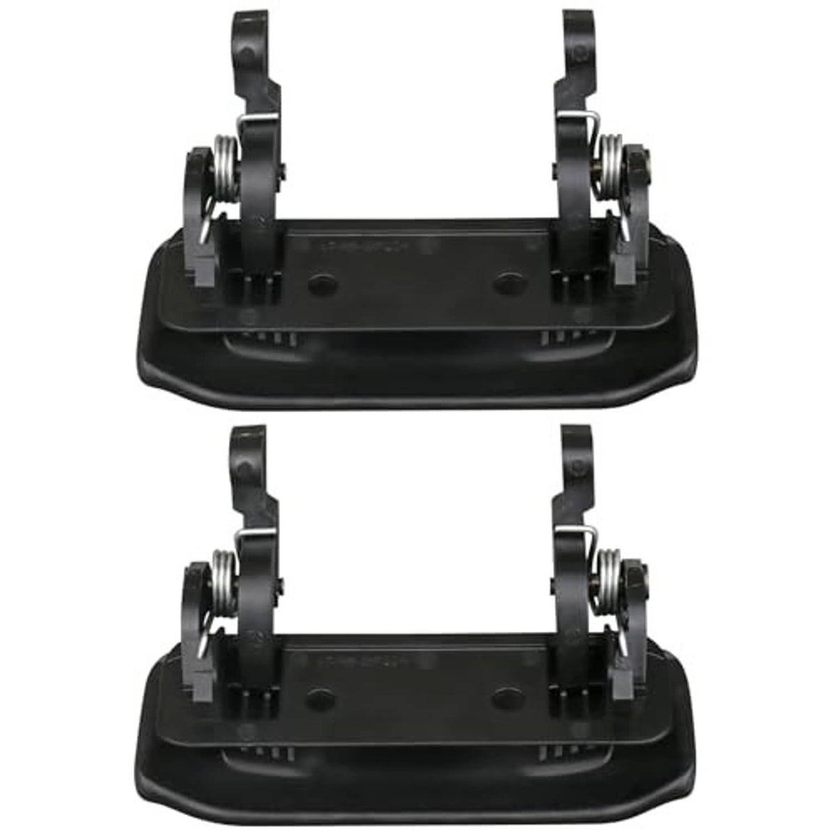 Black plastic exterior door handle bases with spring-loaded mounting hardware