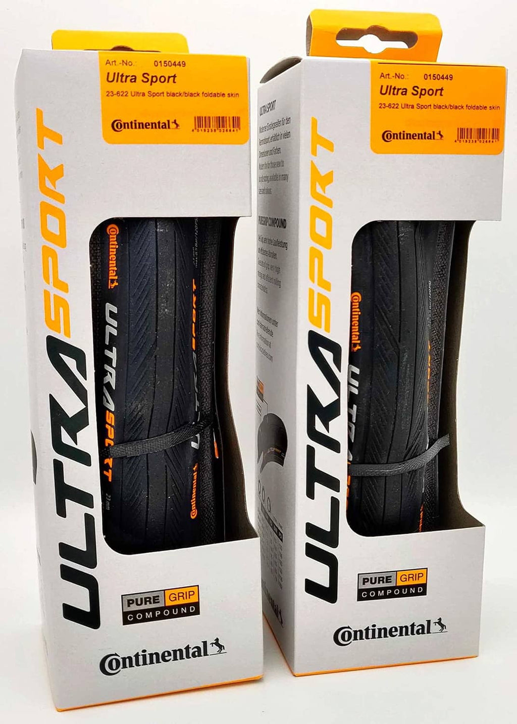 Black Continental Ultra Sport III 700x23 folding tire, boxed pair with branding