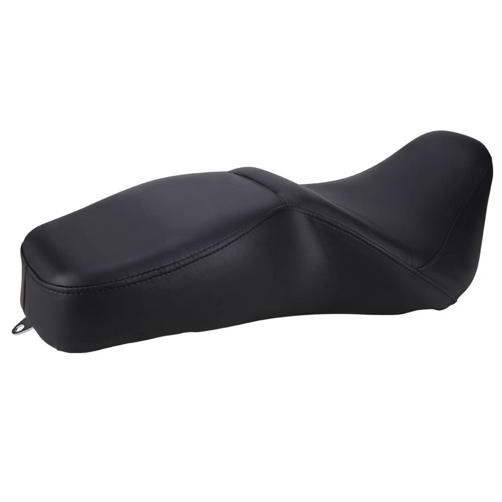 Two-up motorcycle seat, dark black padded bench with curved driver and passenger rider