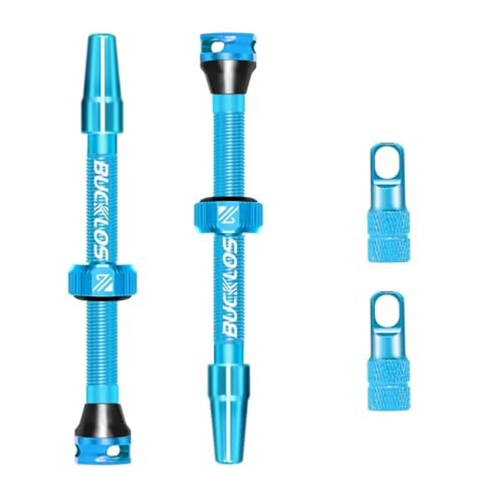 Blue Presta valve stem and two replacement valve caps, compact kit set
