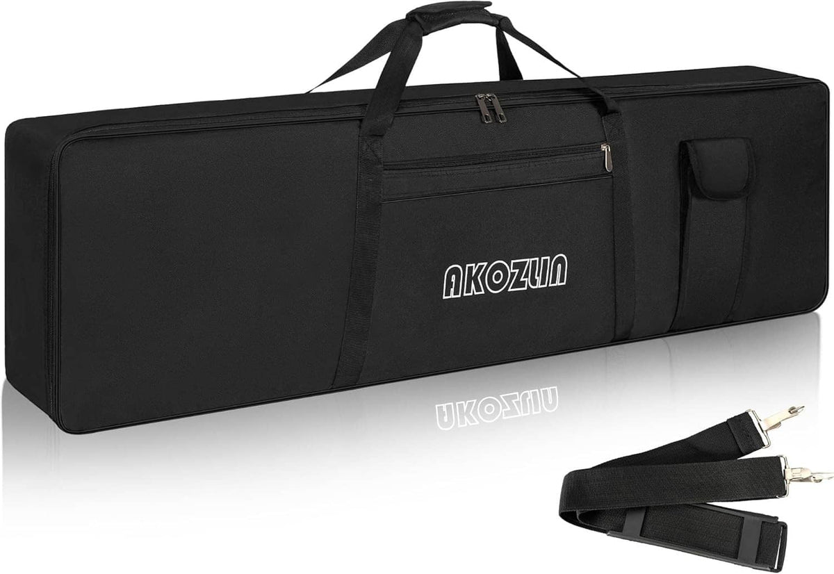 Black padded 88-key keyboard case with shoulder strap and front zip pocket, AKOZUN logo