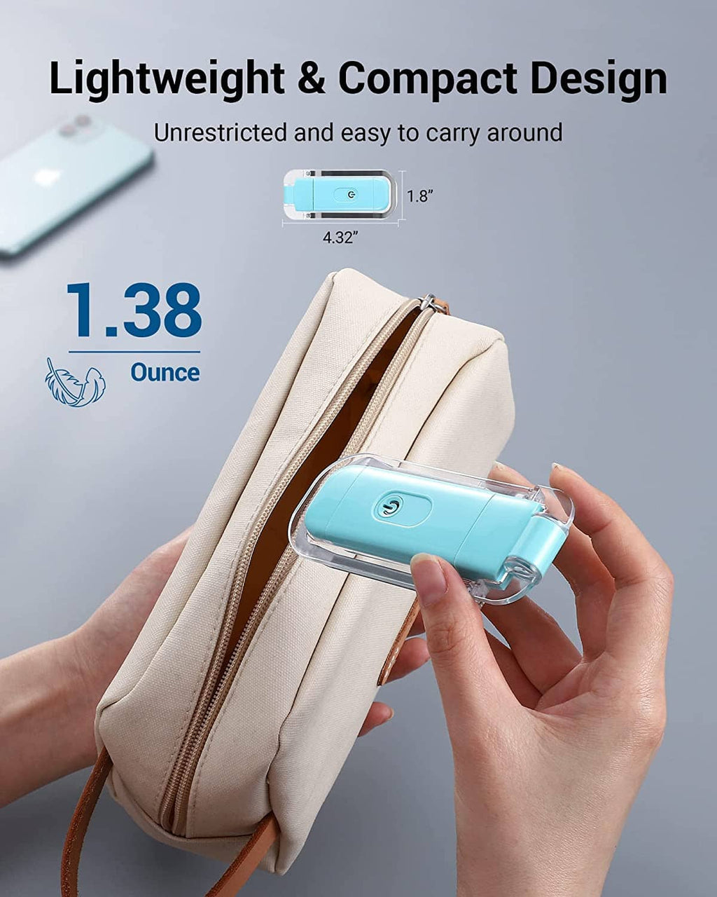 Turquoise compact LED book light with clip, shown beside a small zip pouch.