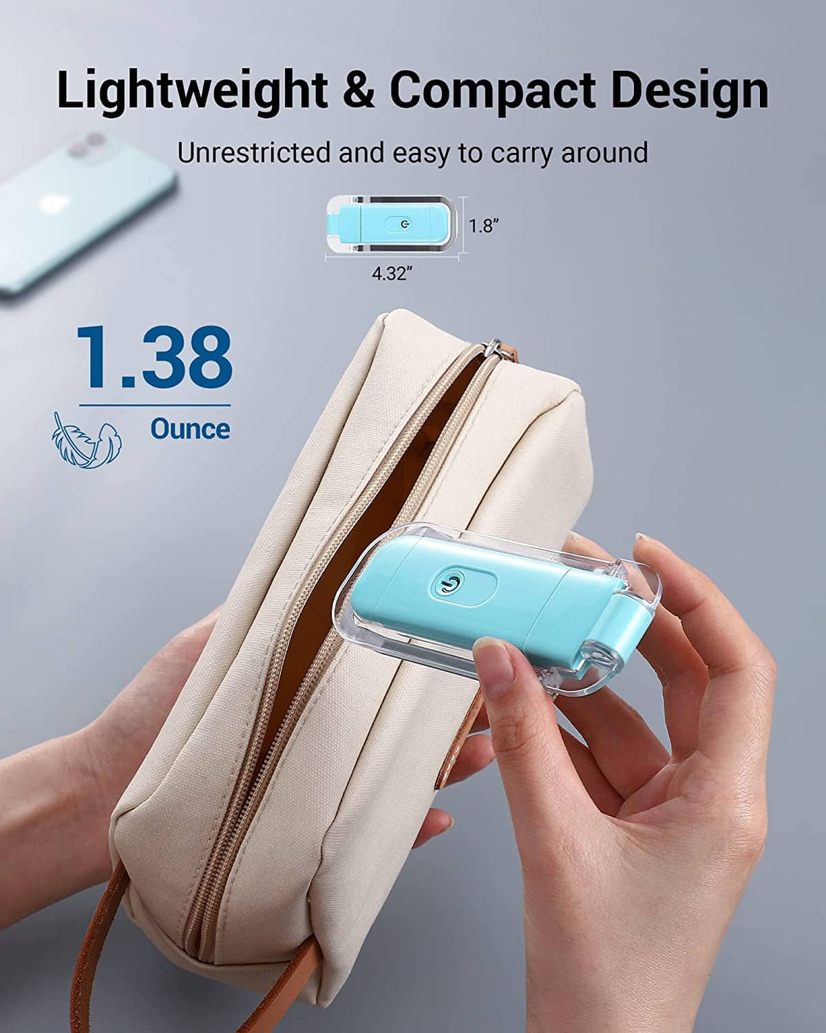 Turquoise compact LED book light with clip, shown beside a small zip pouch.