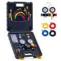 AC diagnostic manifold gauge set with protective case, hoses, and two pressure gauges