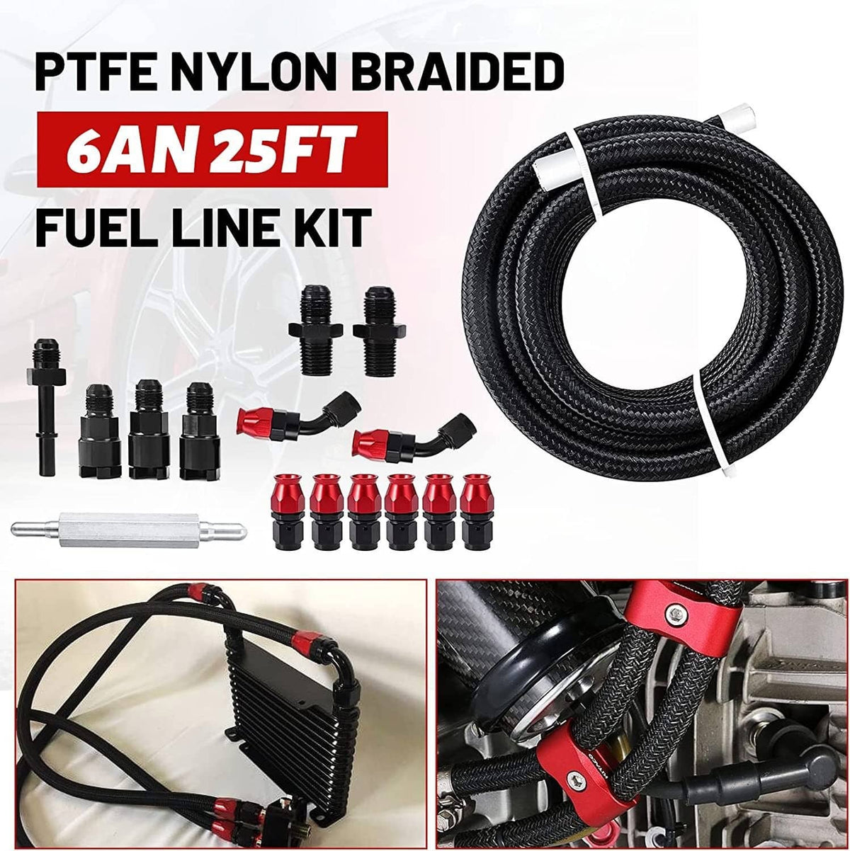 6AN PTFE nylon braided fuel line kit with hose coil, fittings, and mounting hardware