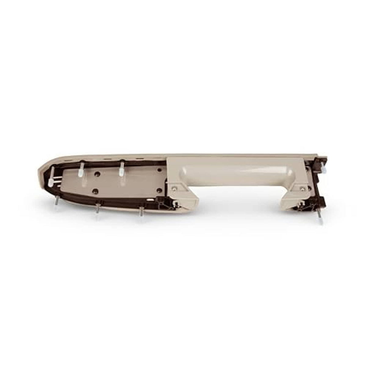 Beige armrest cover underside with brackets and mounting clips