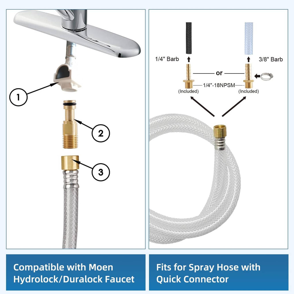 Kitchen sink side sprayer replacement showing quick-connect adapter and hose fittings