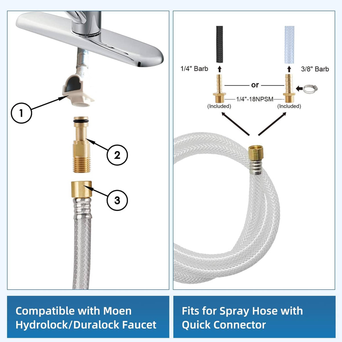 Kitchen sink side sprayer replacement showing quick-connect adapter and hose fittings