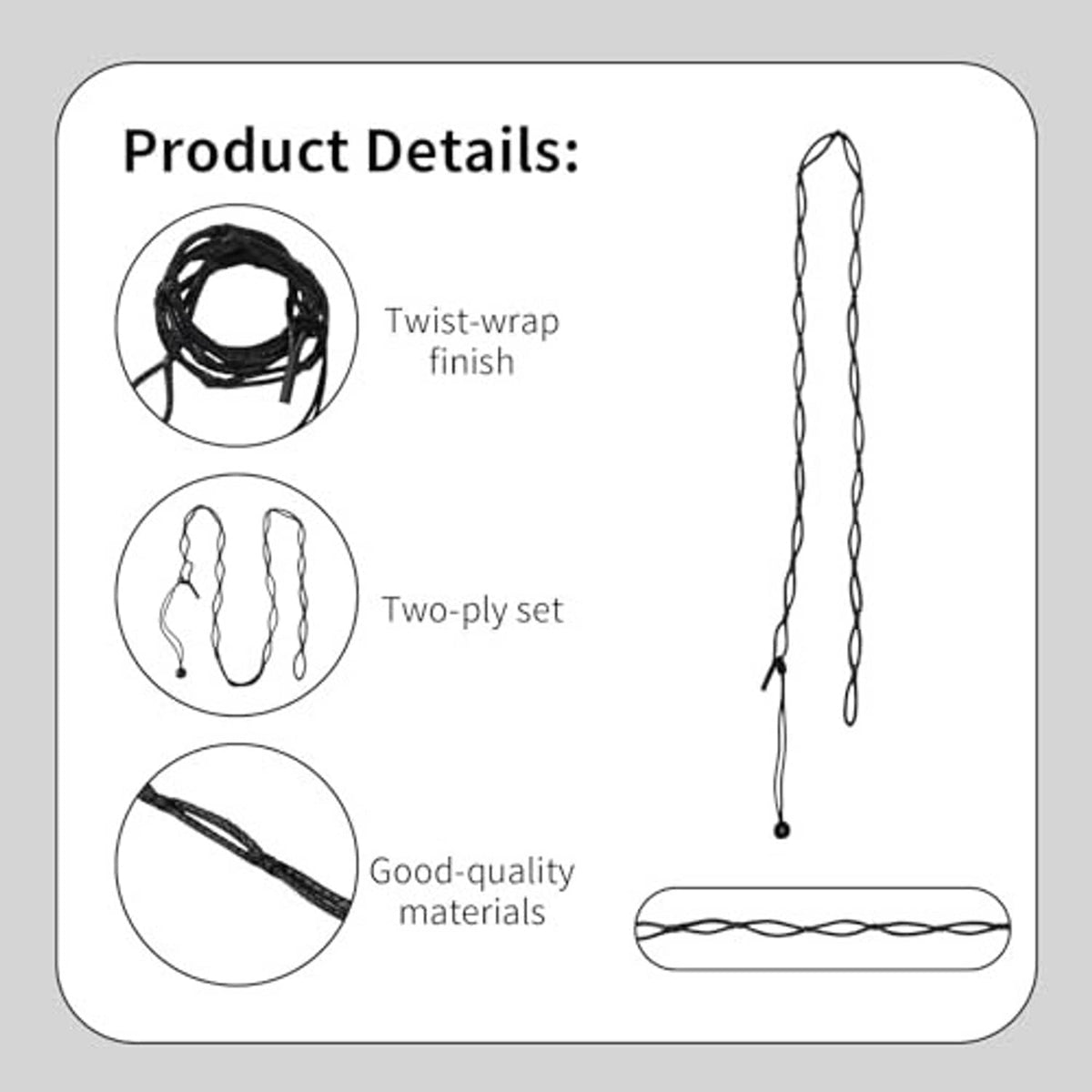 Two-ply daisy-chain rope strap with twist-wrap finish and bead end, black
