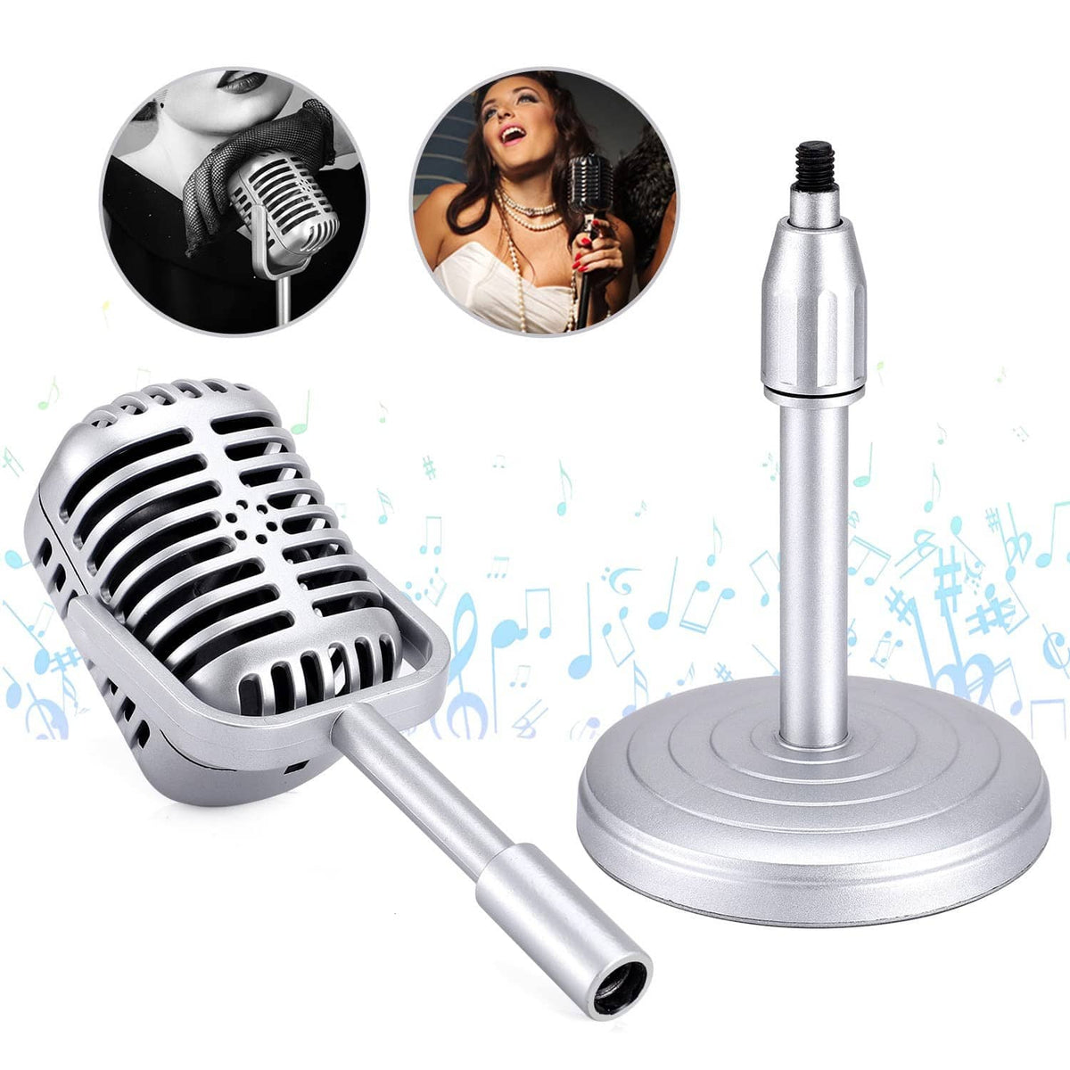 Silver vintage desktop microphone prop with adjustable stand and round base, side angle view