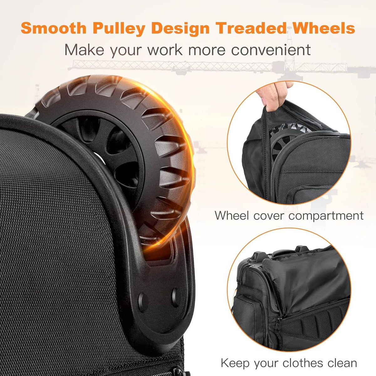 Rolling tool backpack with large treaded wheels and side wheel cover compartment