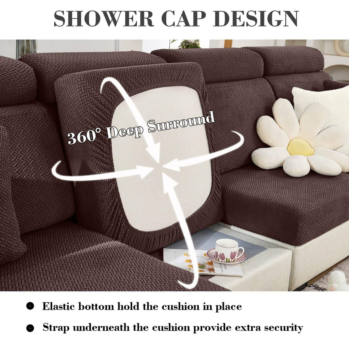 Texture brown sofa back cover with elastic strap for deep surround fit
