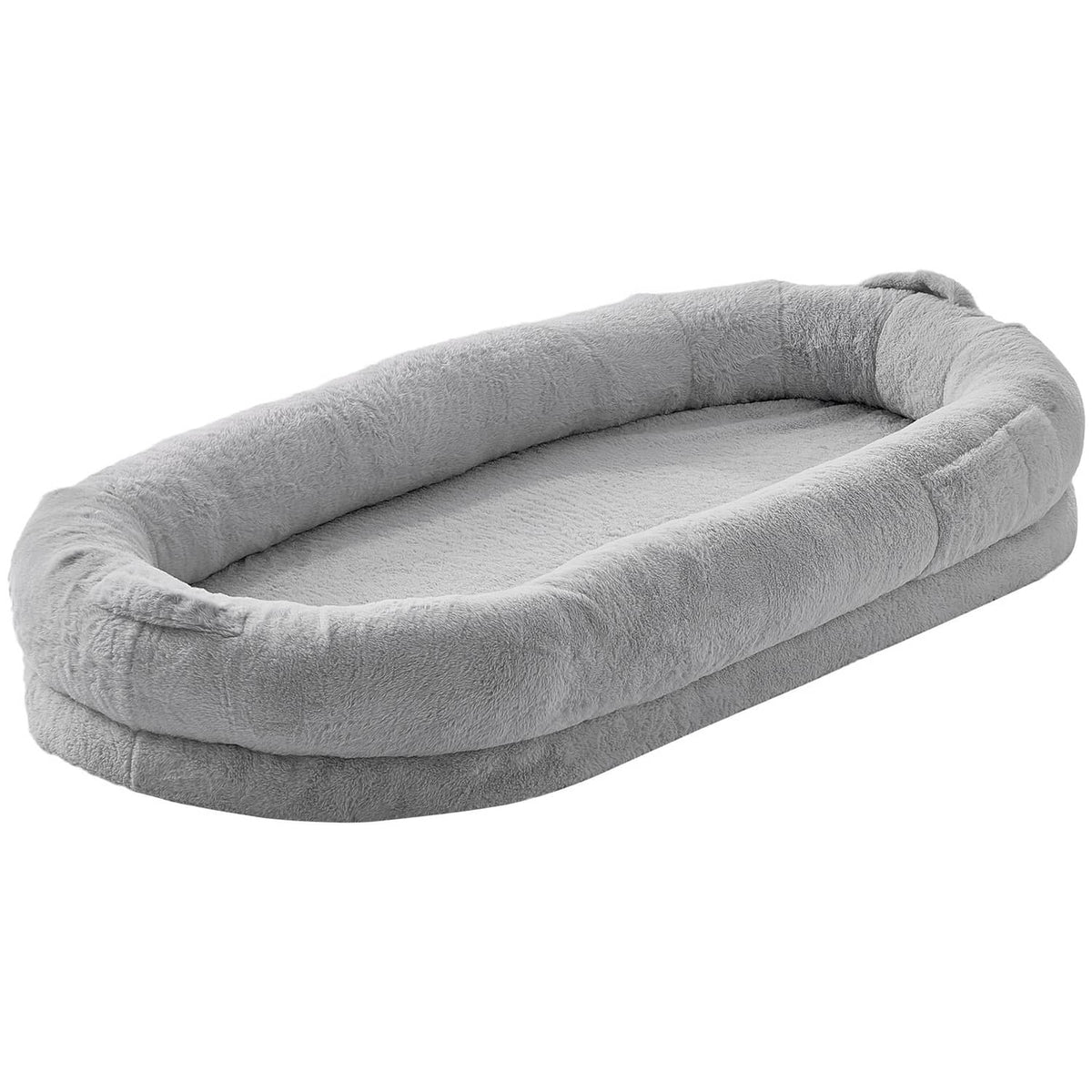 Light gray plush dog bed with faux rabbit fur, oval cushion with raised edges