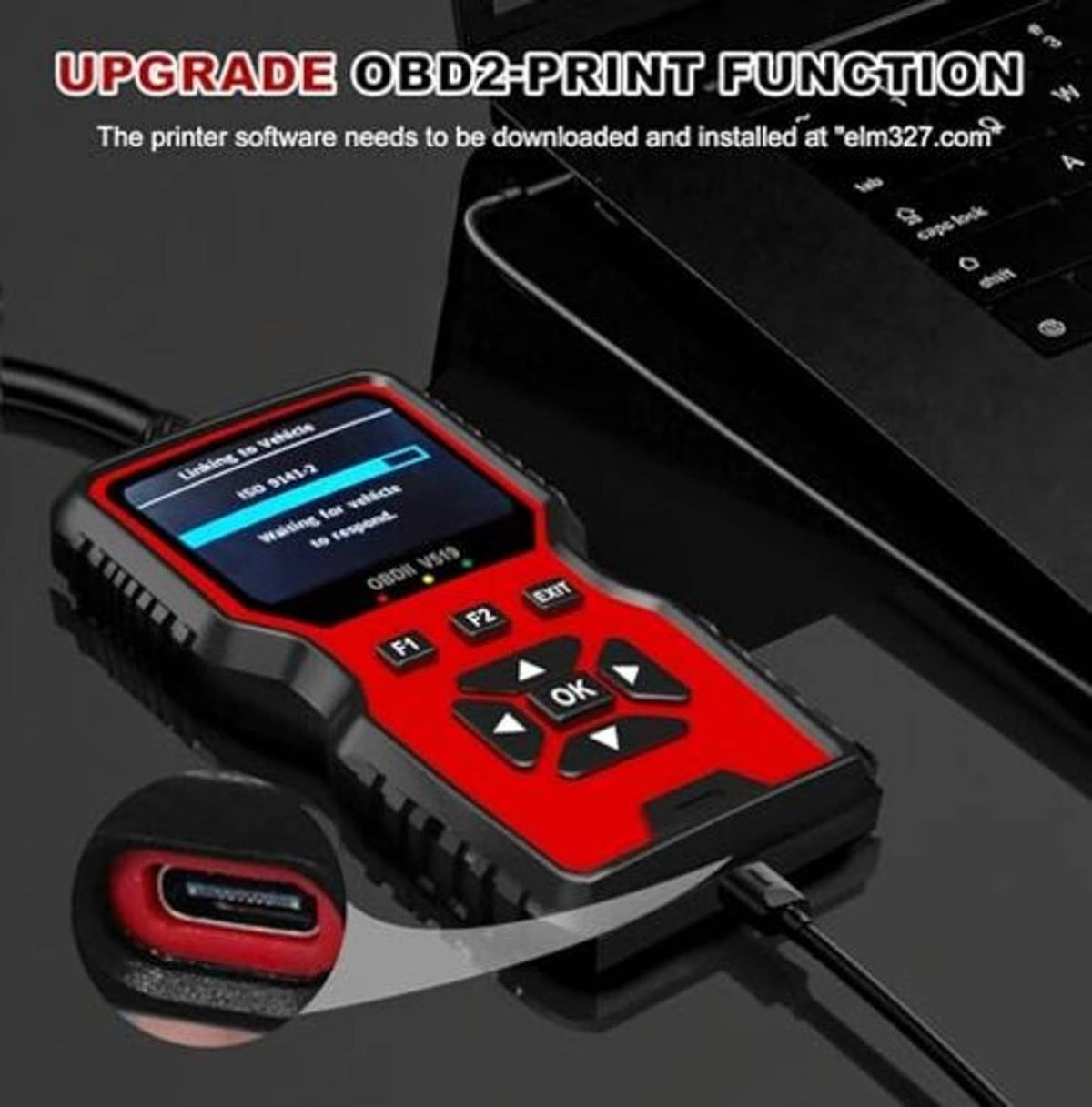 Red and black OBD2 diagnostic scanner with side cable connection, angled view.