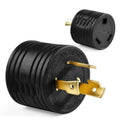 Black NEMA L5-30P to TT-30R adapter with brass prongs, two views