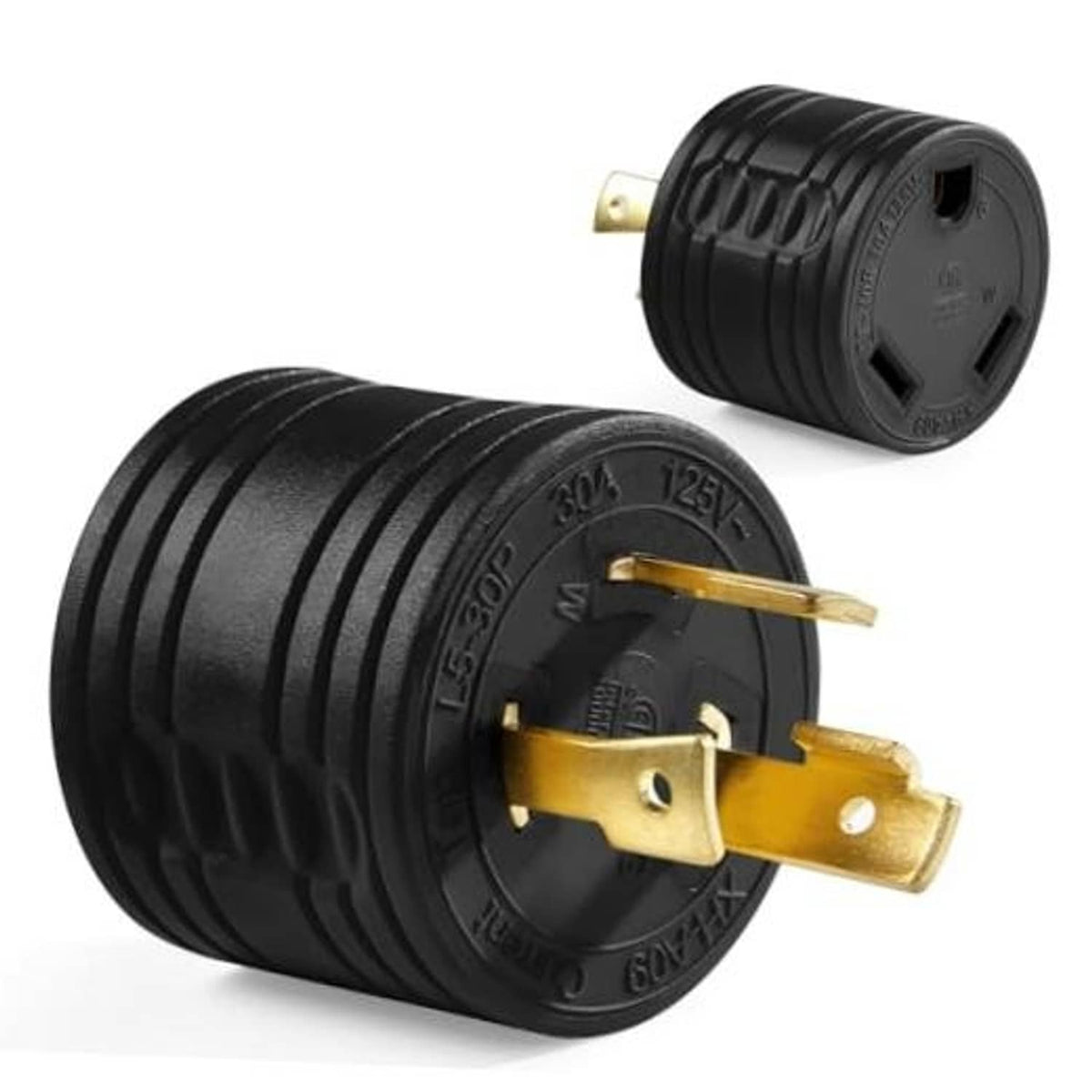 Black NEMA L5-30P to TT-30R adapter with brass prongs, two views