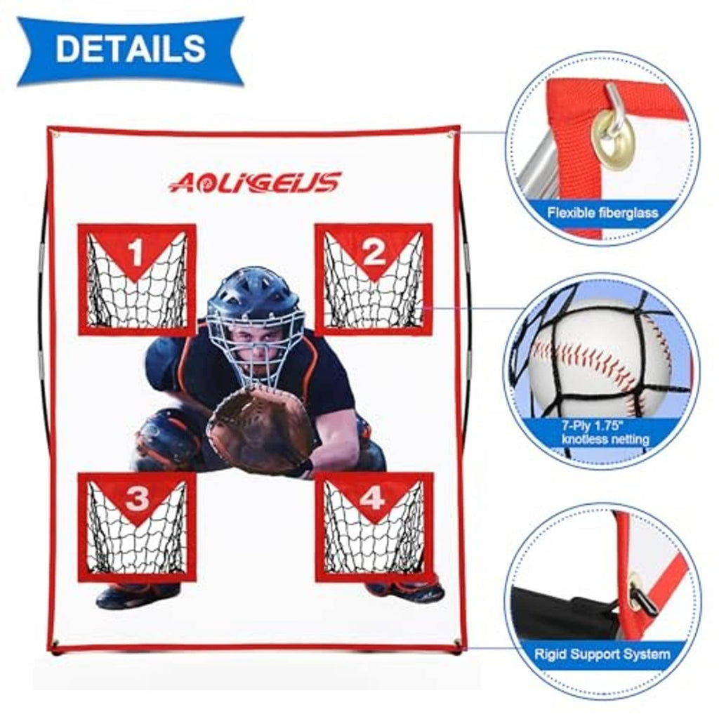 Four-pocket baseball target net with numbered goals, flexible fiber-glass and 7-ply knots