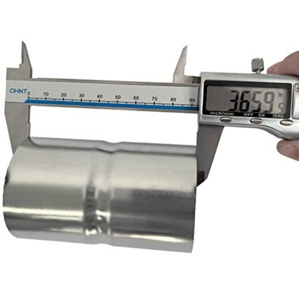 Caliper measures exhaust coupler inner opening and length on stainless sleeve