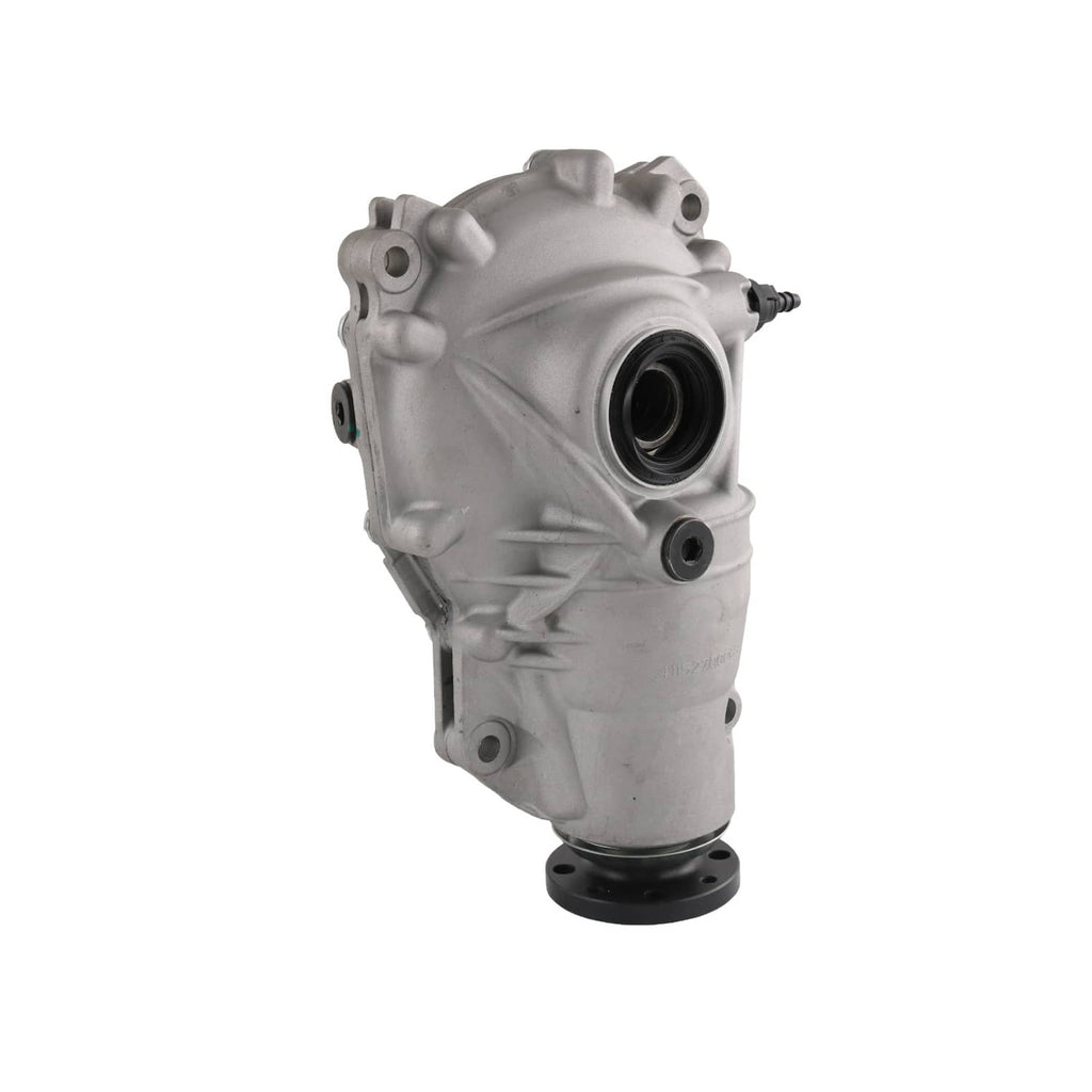 Front axle differential carrier with side port and round front seal opening, silver metal