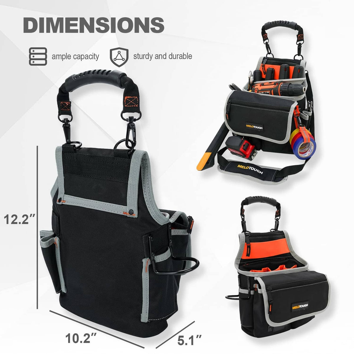 Black electrician tool pouch bag with shoulder handle, sturdy base, and orange inner organizers