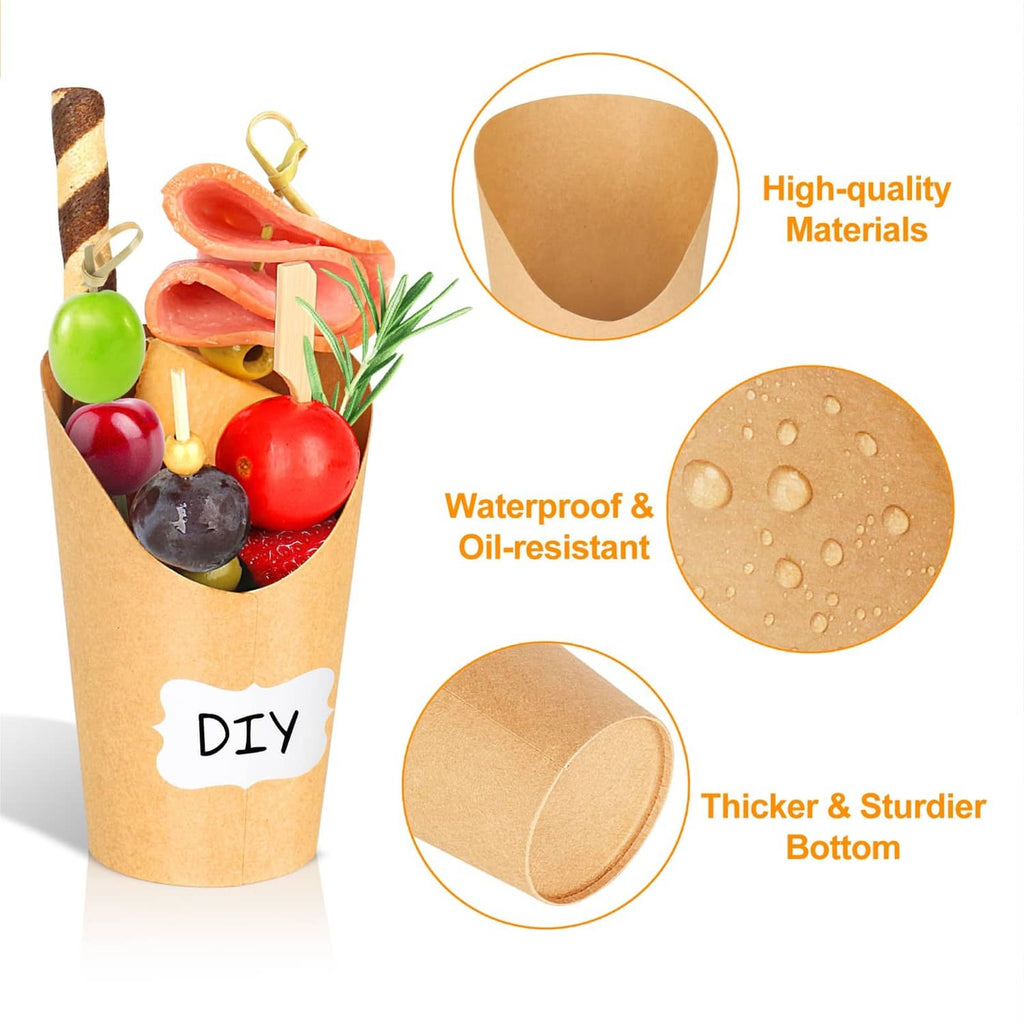 Brown kraft charcuterie cup with wooden sticks, showing thicker base and rounded shape