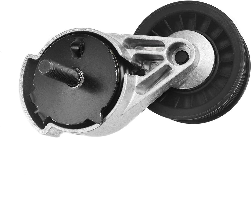 Automatic belt tensioner with pulley and mounting bracket, side view