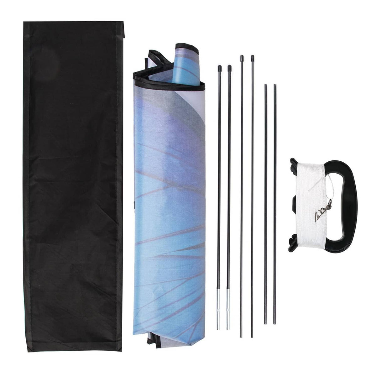 Kite accessory kit with carrying pouch, blue fabric sail roll, and metal support poles