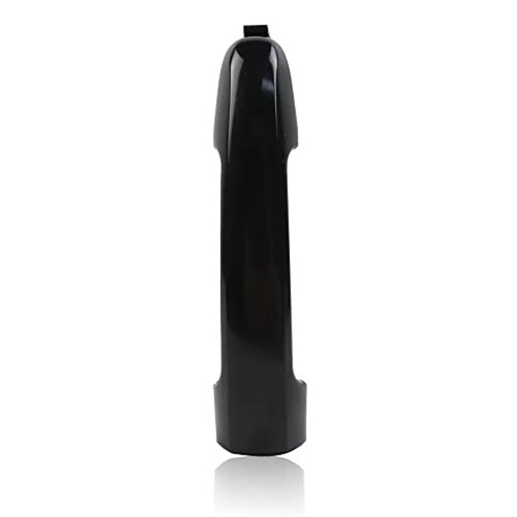 Black exterior door handle end view with smooth vertical outer panel.