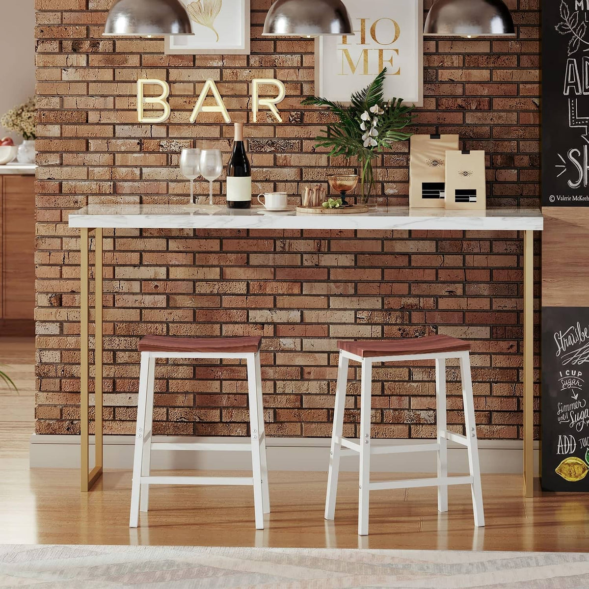 Two bar stools with walnut seat tops and white frames in a bar area