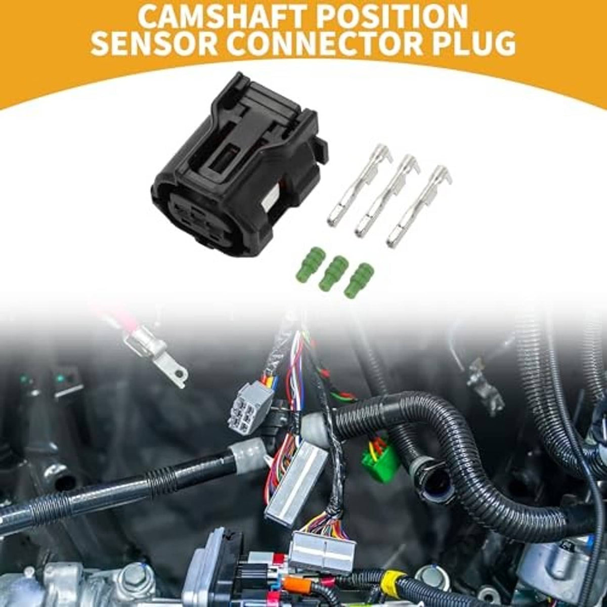 3-pin camshaft sensor connector plug shown near engine wiring harness