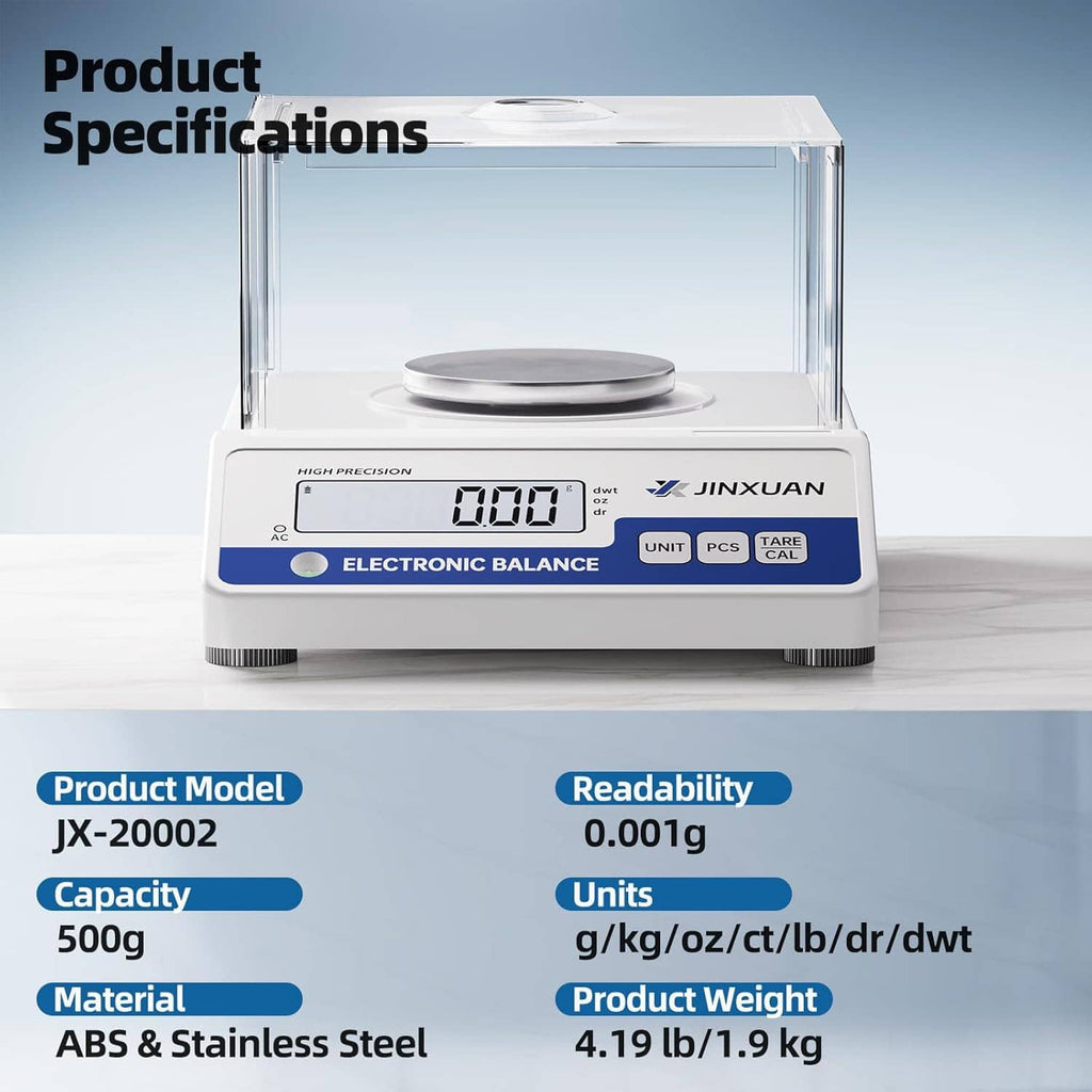 Digital electronic balance scale front with LCD reading 0.00g and blue button panel