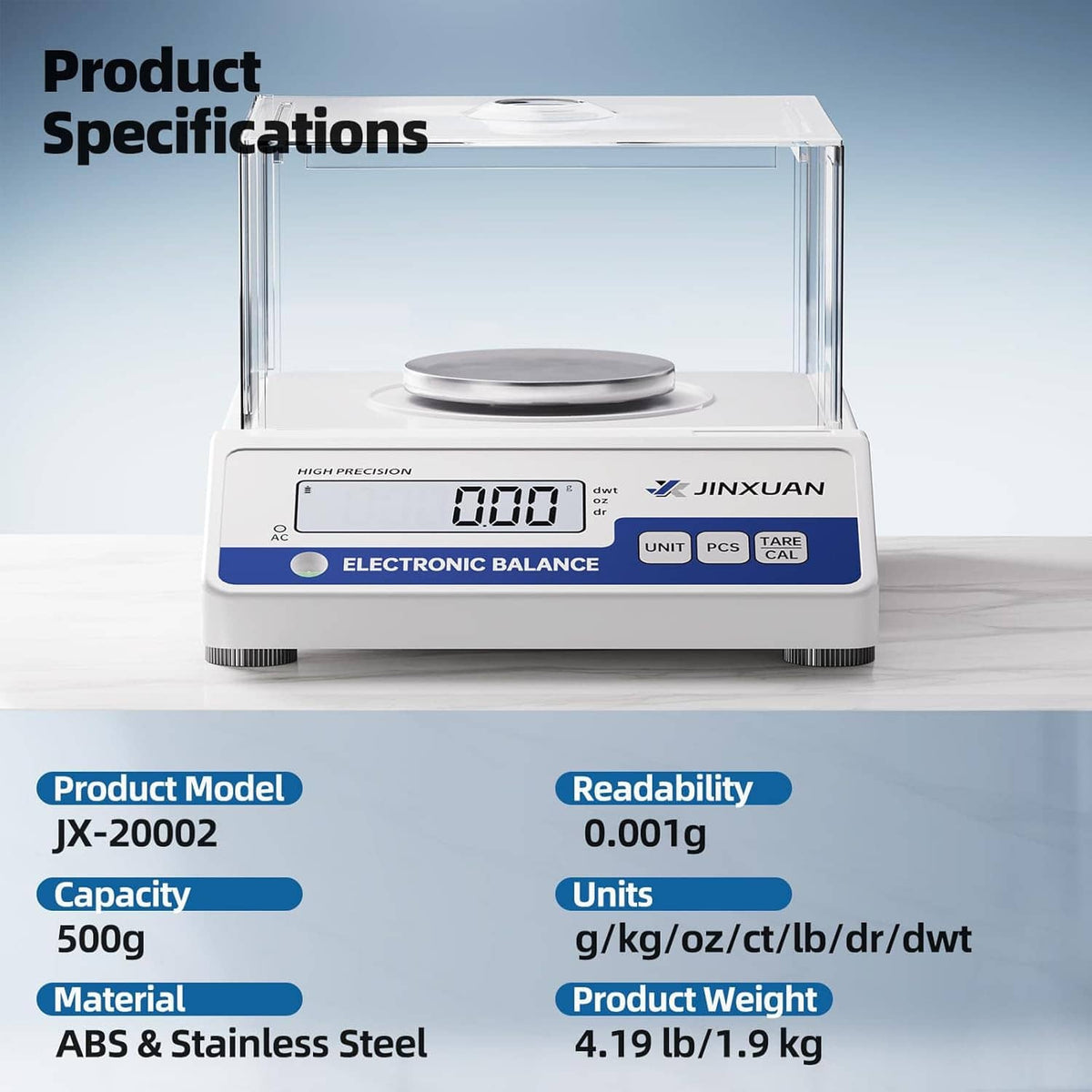 Digital electronic balance scale front with LCD reading 0.00g and blue button panel