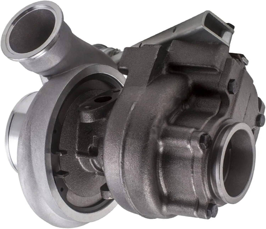 Turbocharger close-up rear housing with round outlet and machined openings
