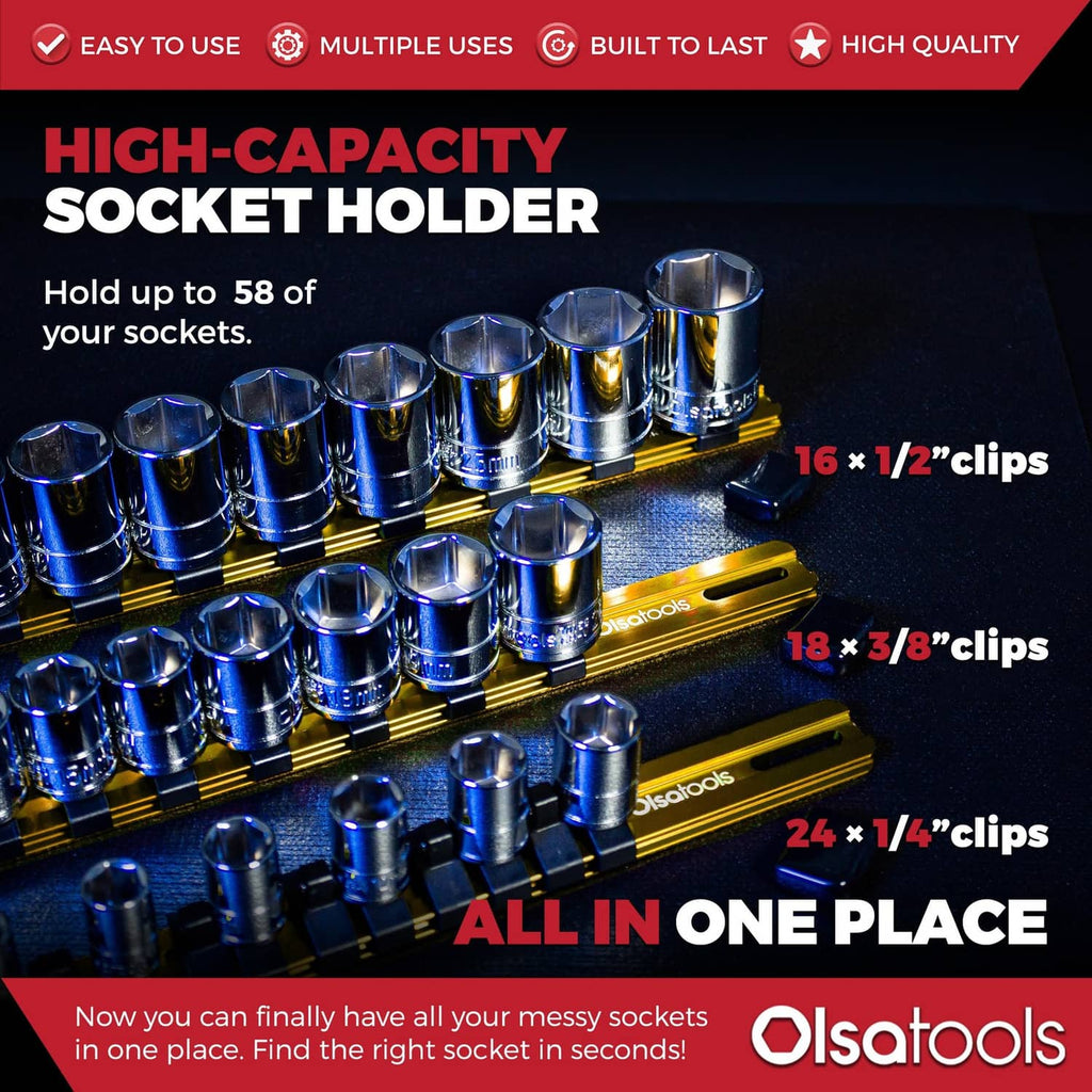 Yellow socket holder rail with metal sockets secured by multiple clips