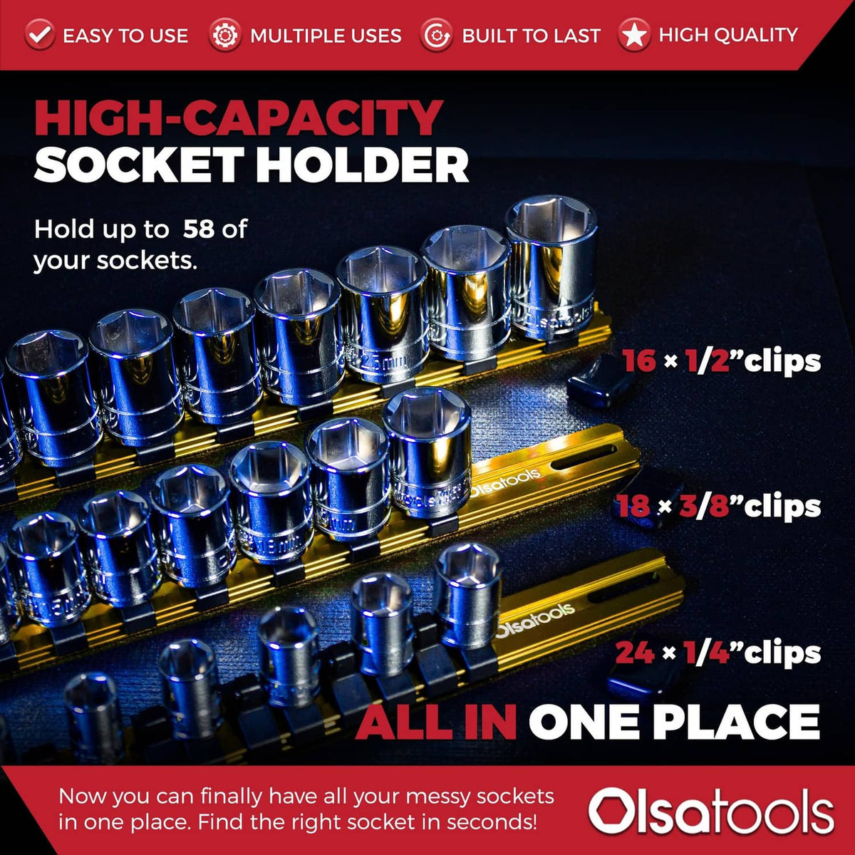 Yellow socket holder rail with metal sockets secured by multiple clips