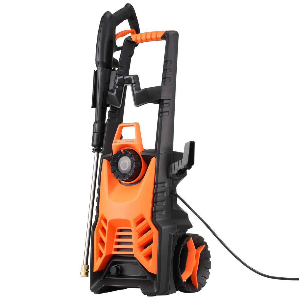 Orange and black electric pressure washer with spray wand and side accessory holder