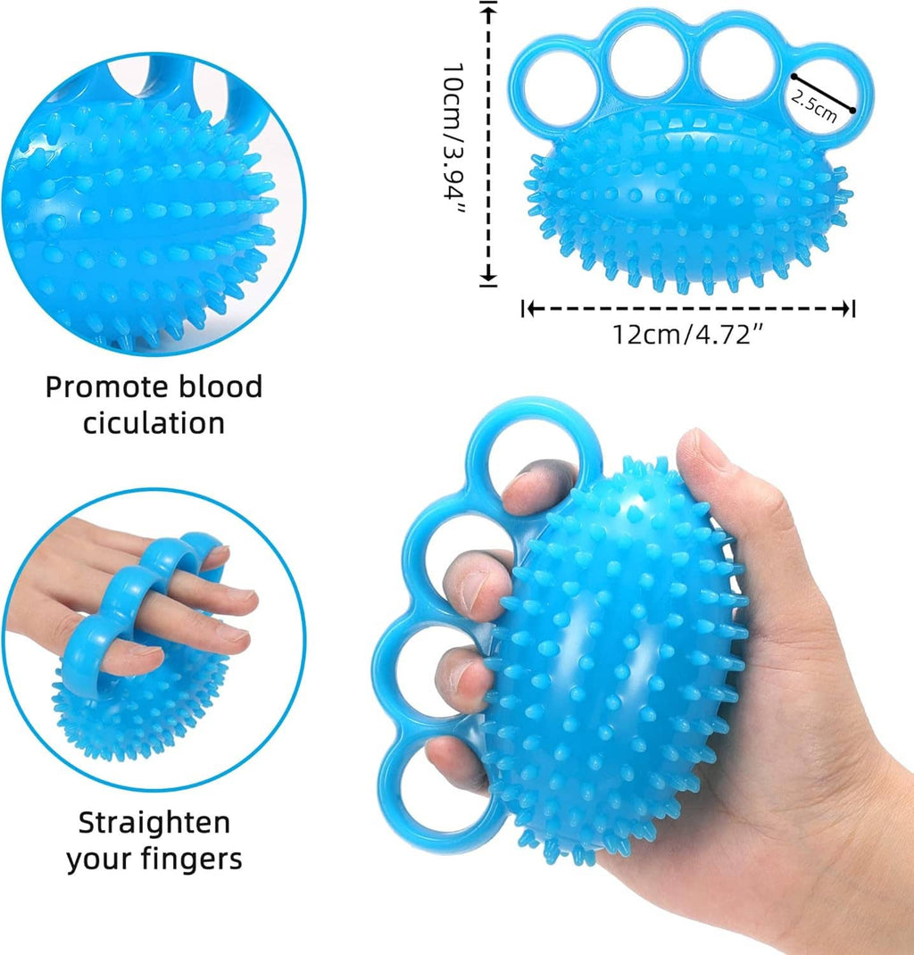 Blue spiky finger therapy grip ball with finger loops, hand holding the ball