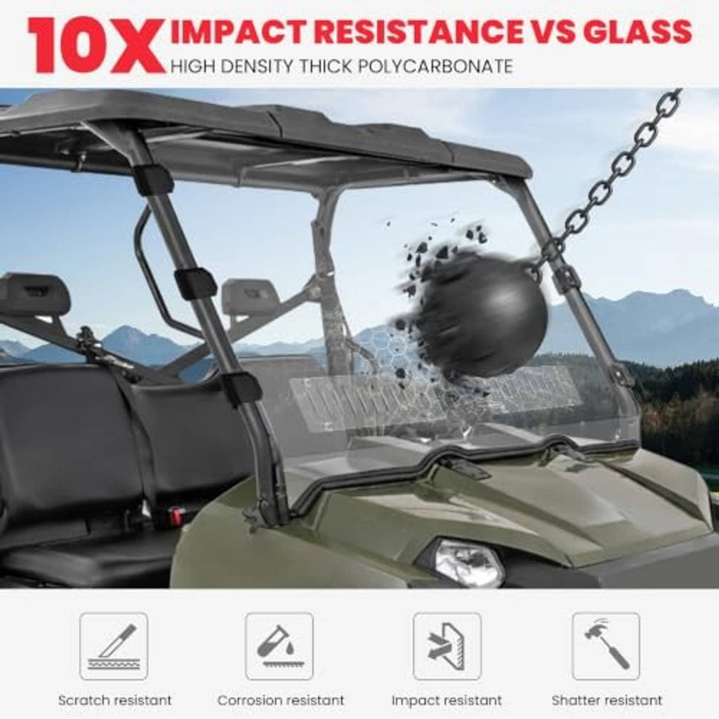Clear front UTV windshield with black frame and vented insert on vehicle