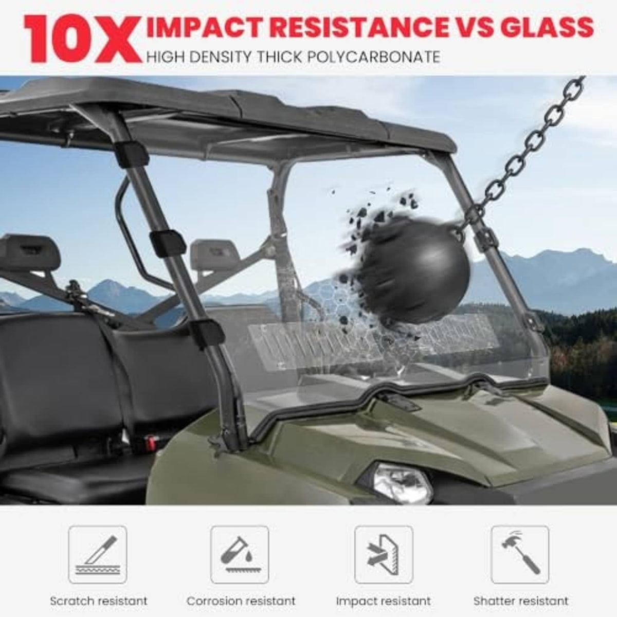 Clear front UTV windshield with black frame and vented insert on vehicle